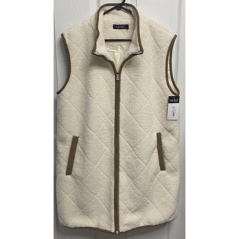 Lauren Ralph Lauren Women Sherpa Fleece Sleeveless Winter Vest Ivoryโ L NWT $250